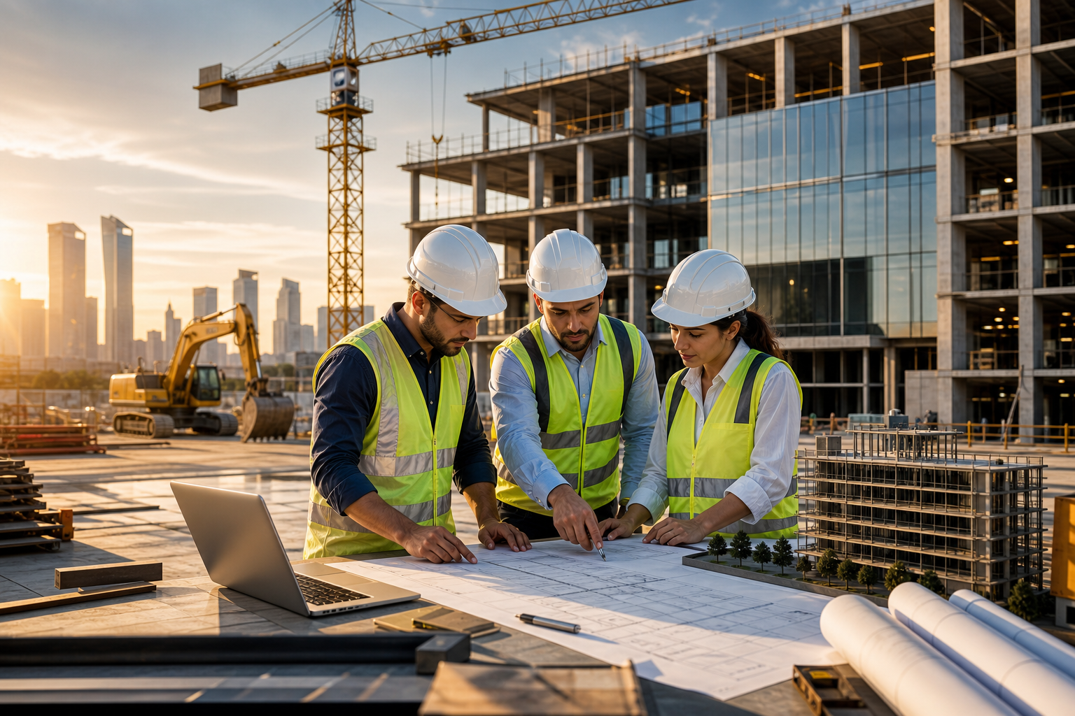 Construction team reviewing plans on a modern building site